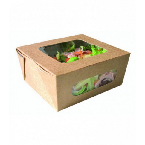 Kraft salad box with double PLA window  152x135mm H65mm 1100ml